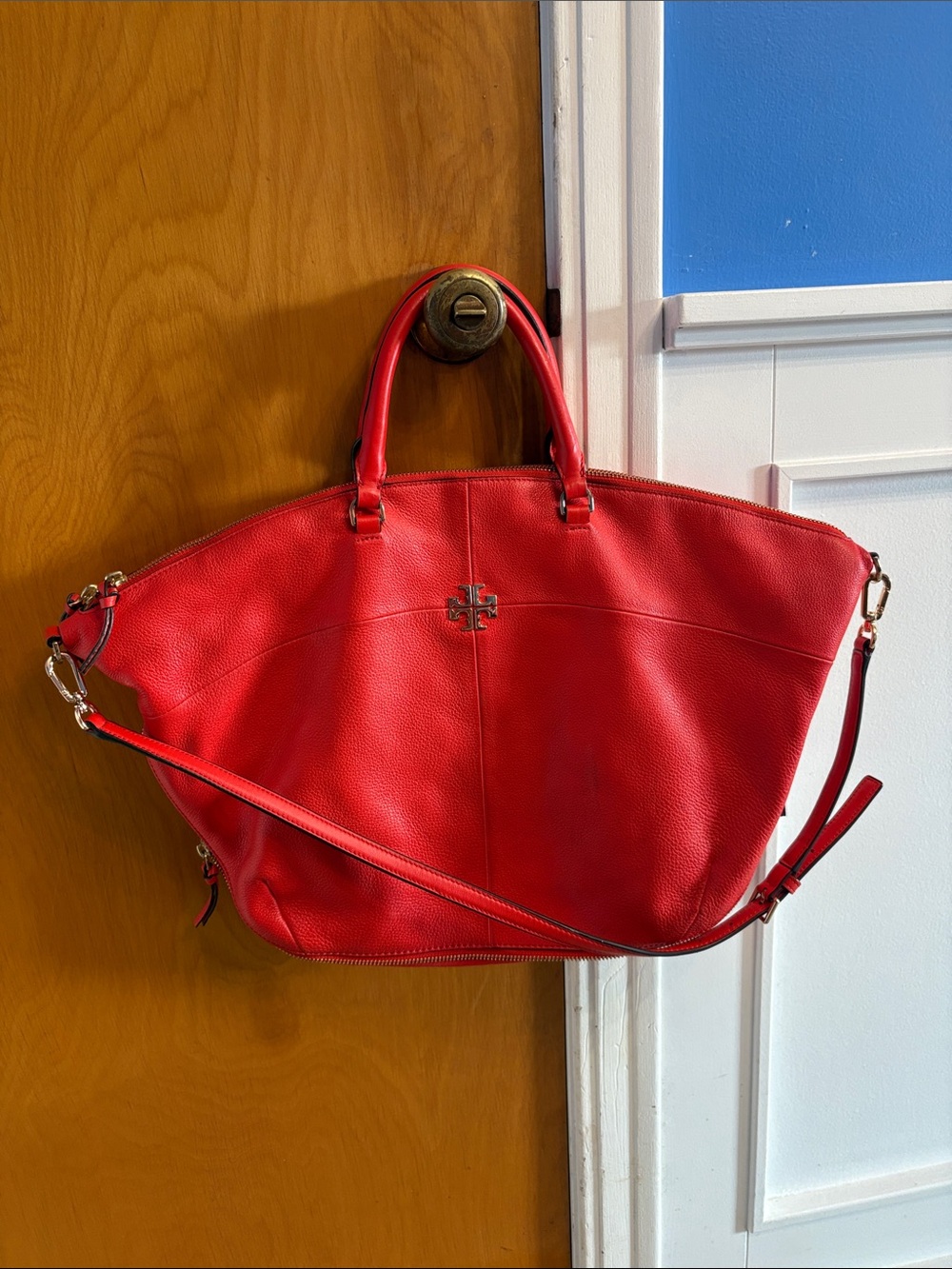 Tory Burch Red Leather Pebbled Tote with Detachable Strap